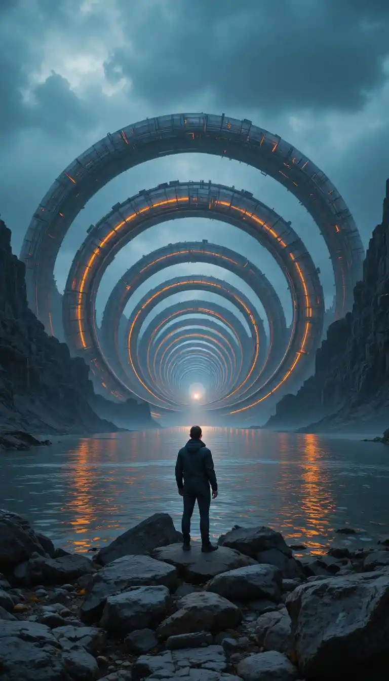 Figura solitaria davanti a colossali strutture ad anello sci‑fi luminose