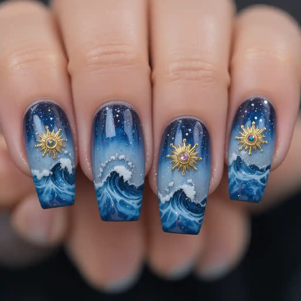 Primo piano di unghie coffin blu celestiale con soli dorati