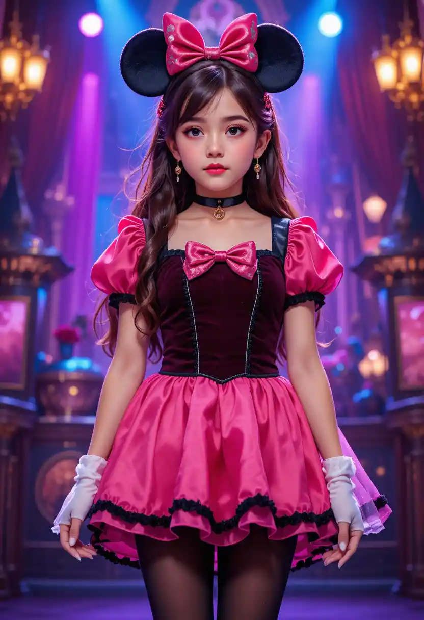 Ragazzo preadolescente nervoso con vestito rosa di Minnie sul palco