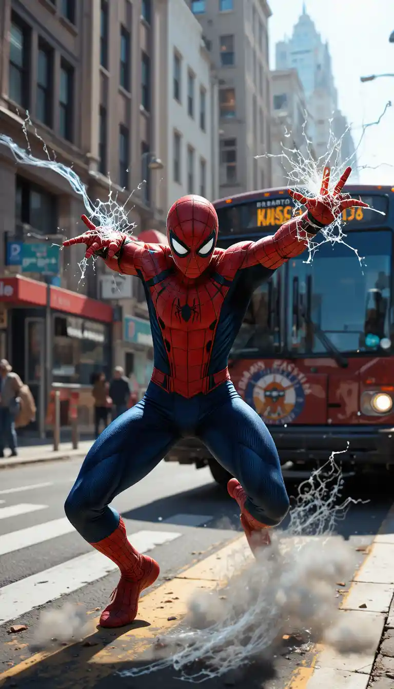 Superhero shooting webs at a speeding city bus