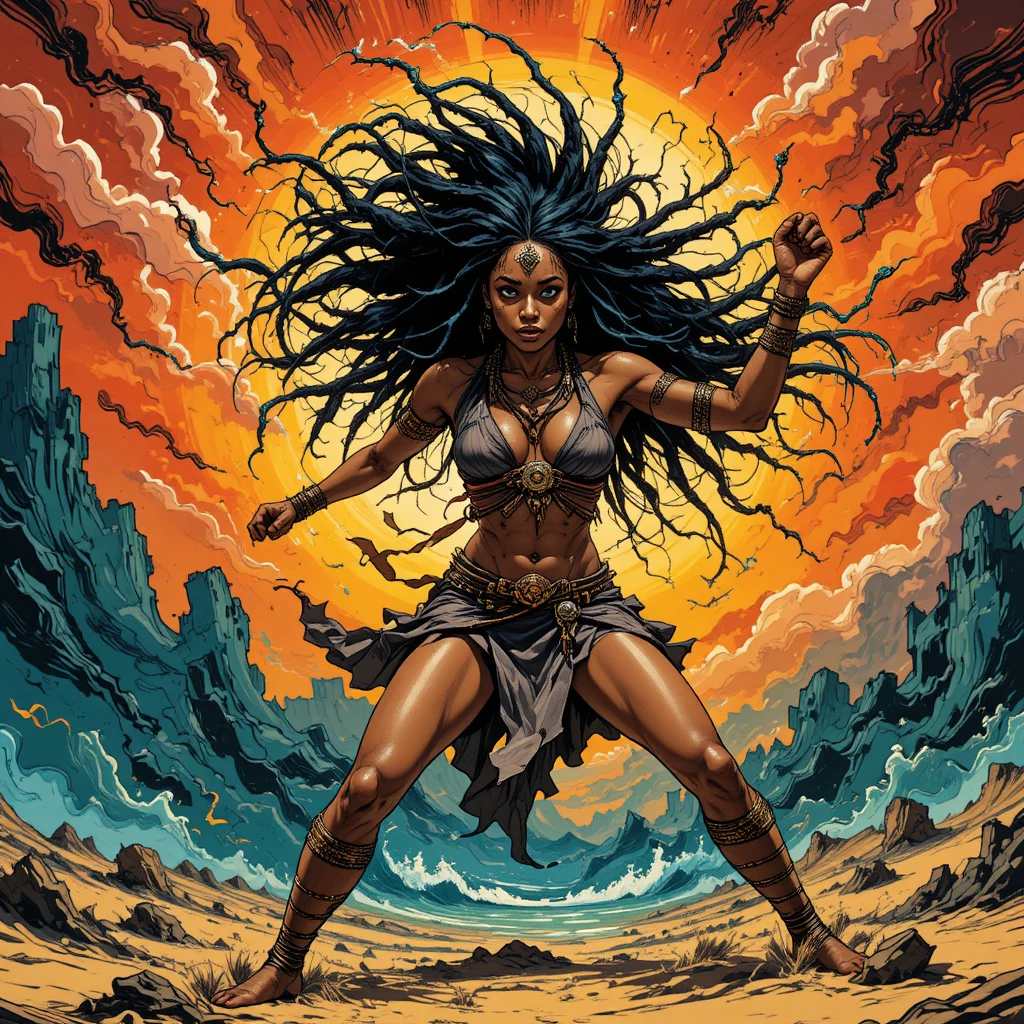 Ancienne guerrière aux longues dreadlocks sous un ciel orageux
