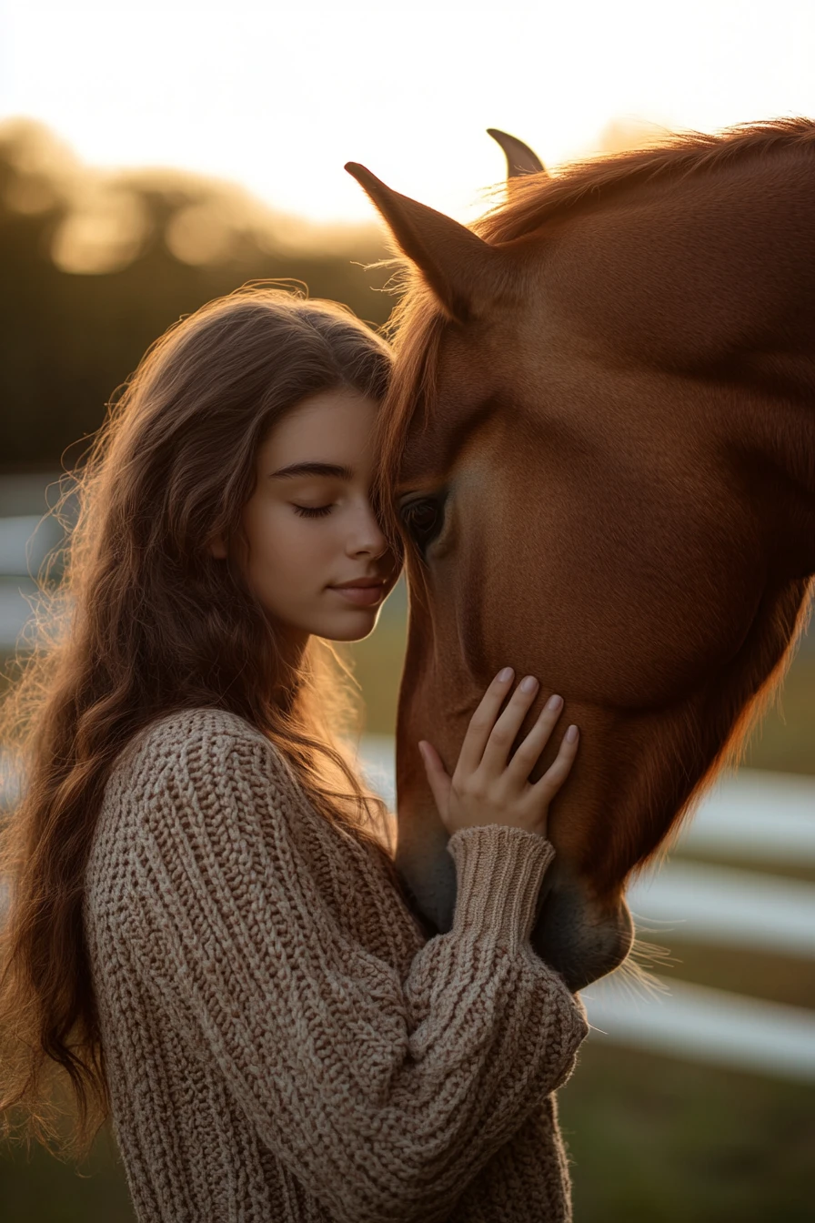 Young woman touching a horse at golden hour in field