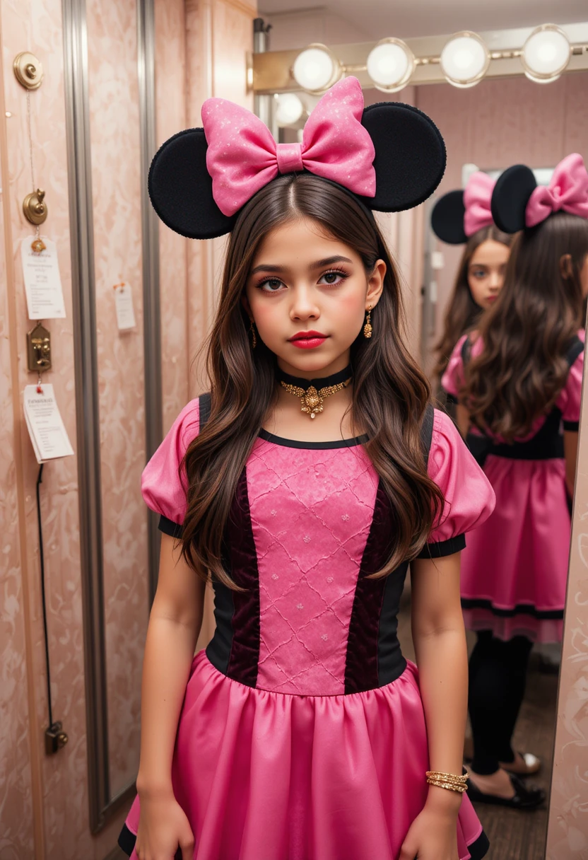 Menino jovem com vestido rosa da Minnie diante da penteadeira