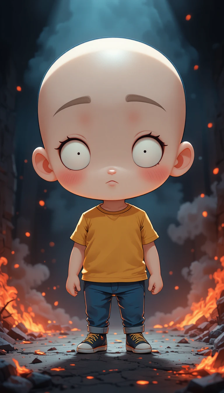 Personaje chibi en escena oscura y ahumada con brasas brillantes