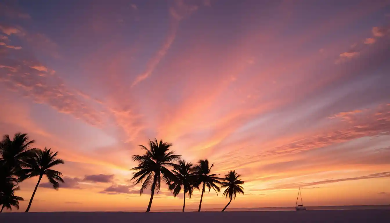 Praia de areia branca ao pôr do sol com veleiro ao fundo