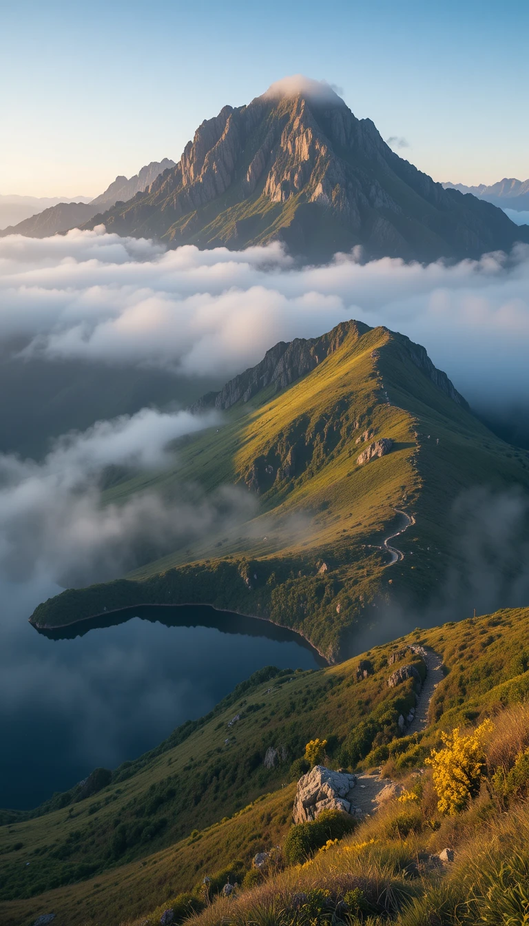 Pico montanhoso enevoado refletido em um tranquilo lago ao nascer do sol