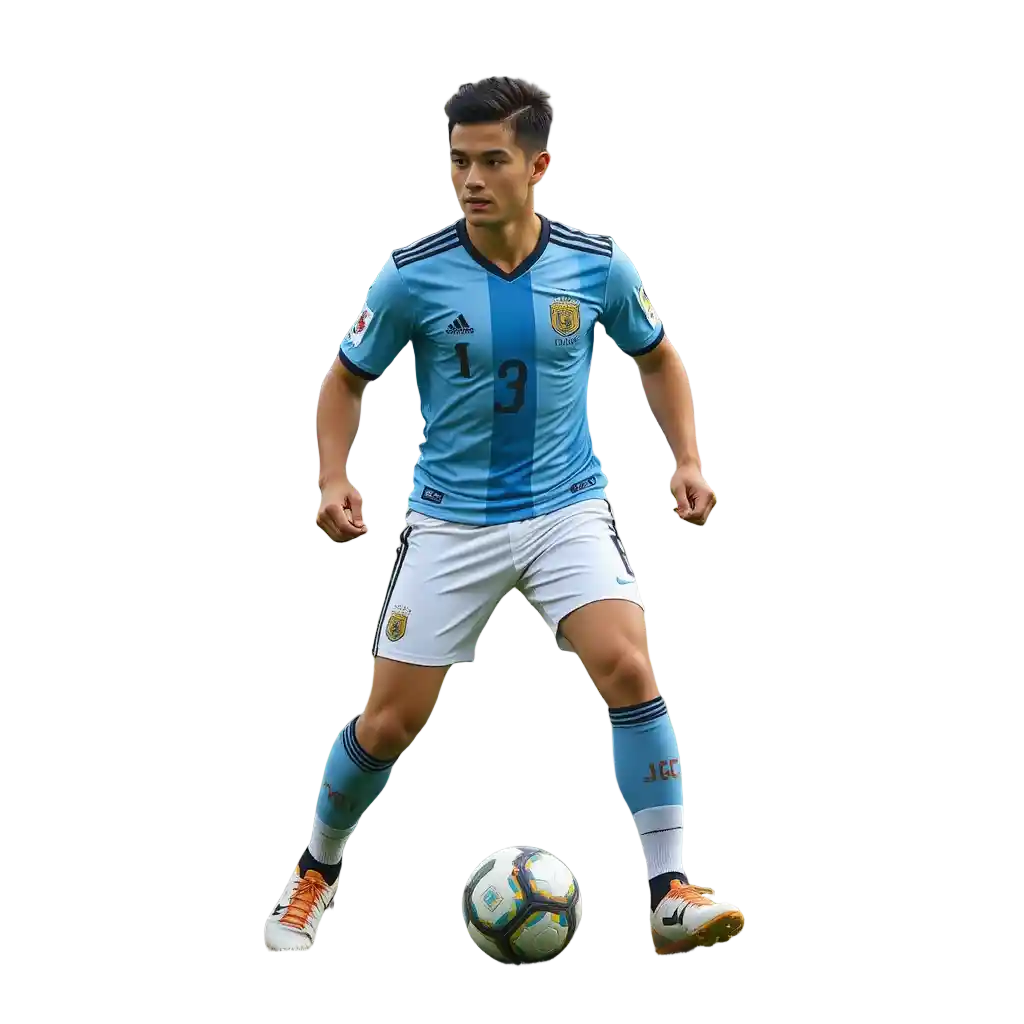 Young Argentine soccer defender in blue jersey on transparent background