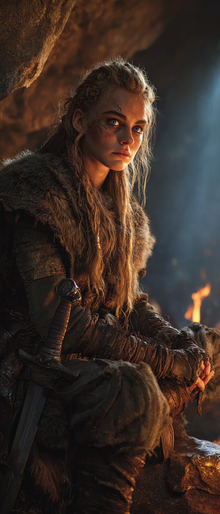 Viking warrior woman resting with sword in a cave