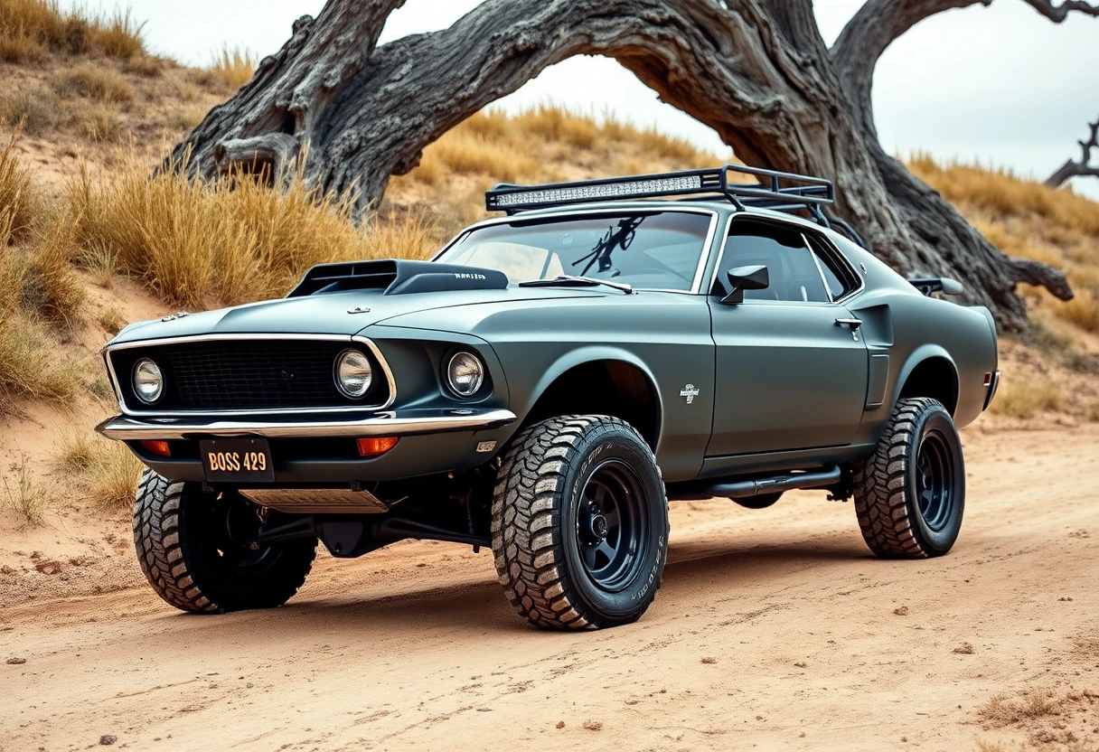 Carro muscle clássico off-road em uma paisagem desértica e acidentada