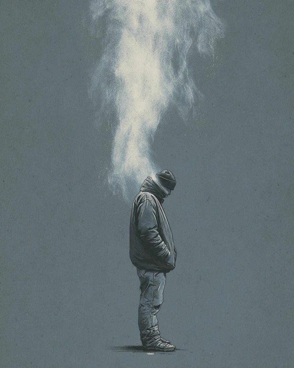 Figura solitária respirando o ar frio de inverno – ilustração minimalista