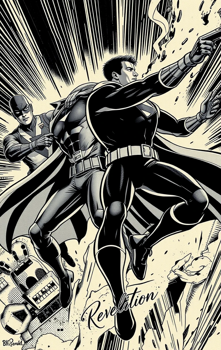 Casal de super-heróis enfrentando um supervilão em estilo meio-tom