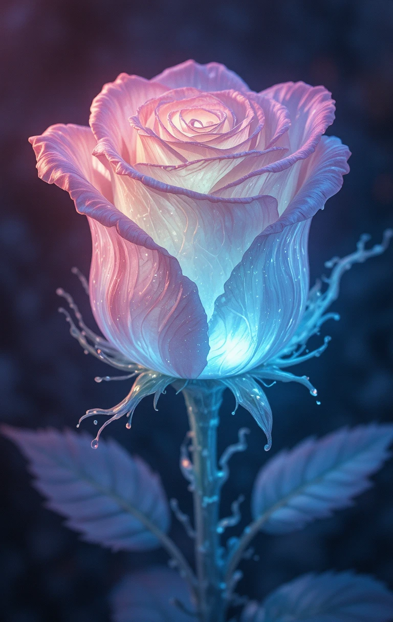 Bioluminescent Glass Rose In Dreamy Night Illustration