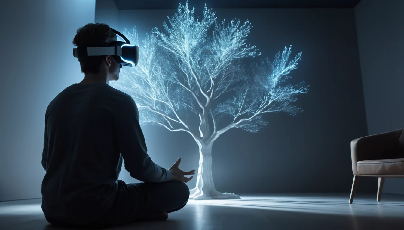 Personne avec casque VR tendant la main vers un arbre holographique lumineux