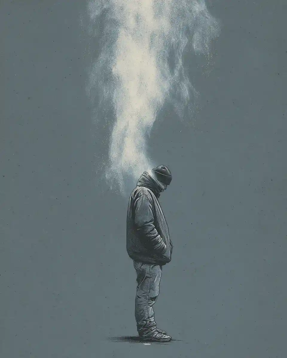 Figura solitaria respirando el aire frío de invierno – ilustración minimalista