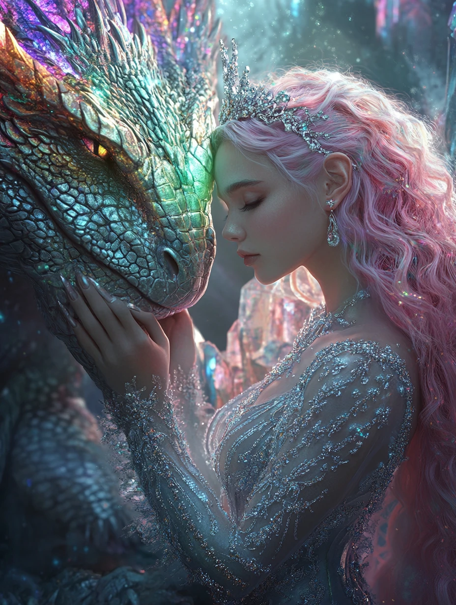 Girl Touching Rainbow Dragon In Crystal Cavern