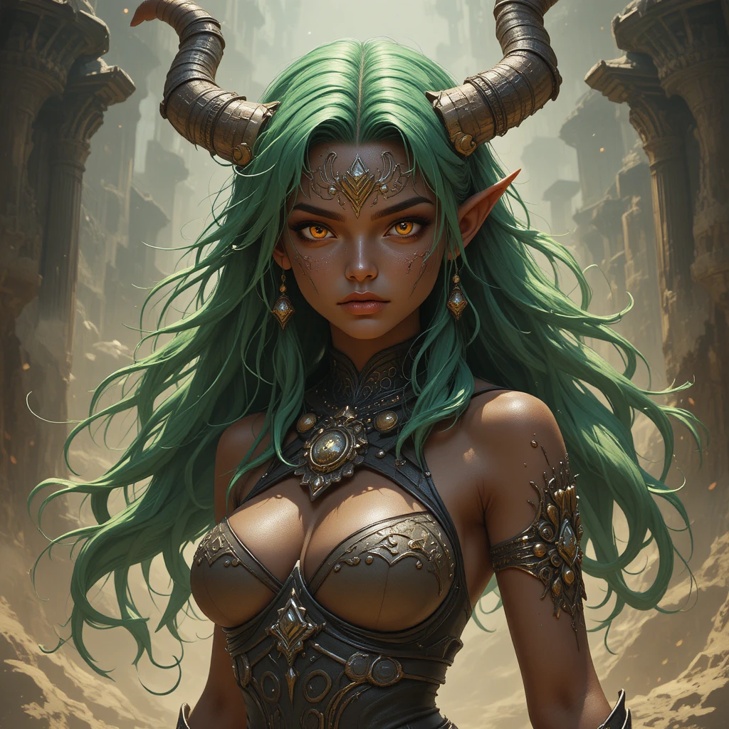 Dea fantasy dell’ira con capelli verde scuro e occhi arancioni