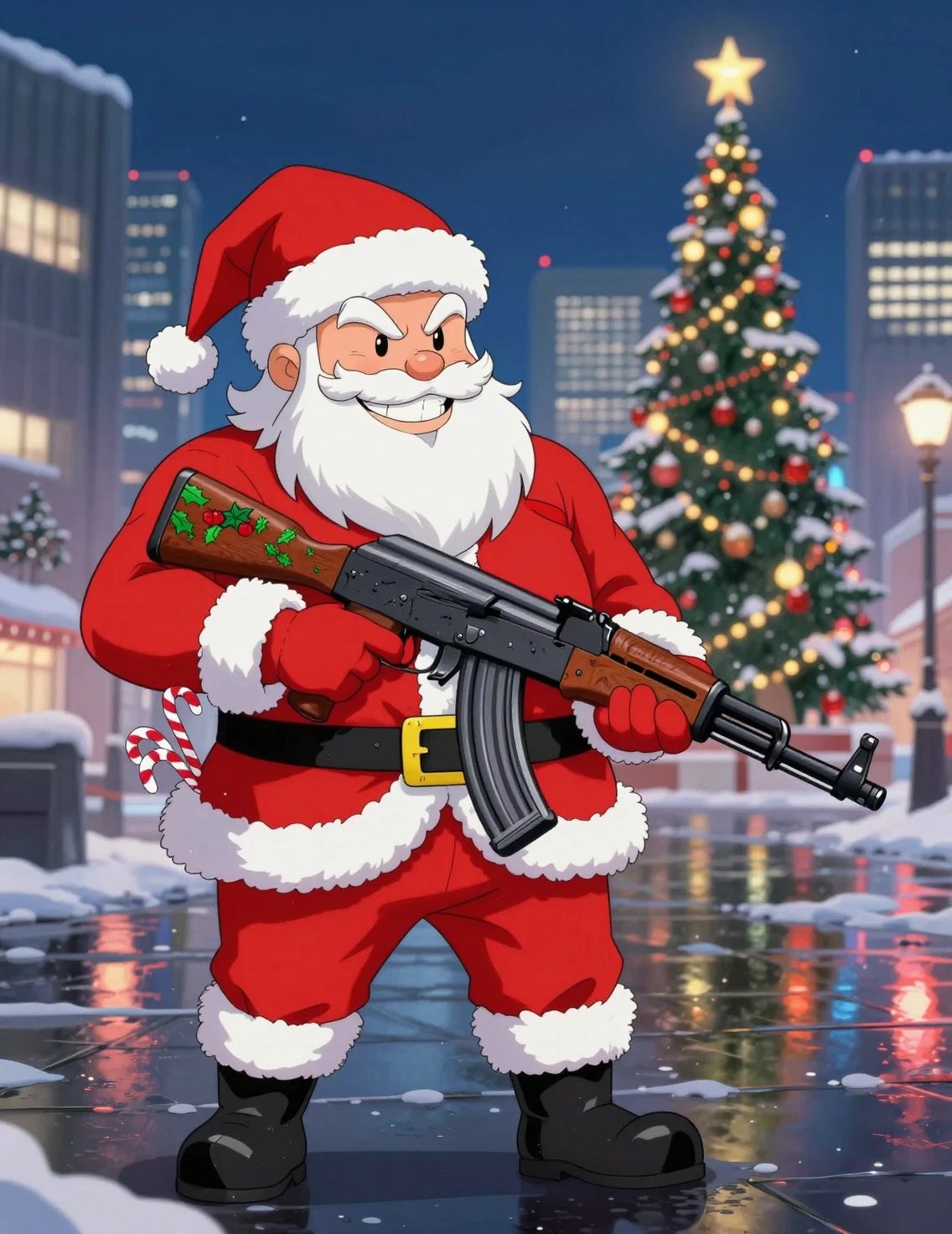 Anime Santa Claus holding a rifle in snowy Tokyo street