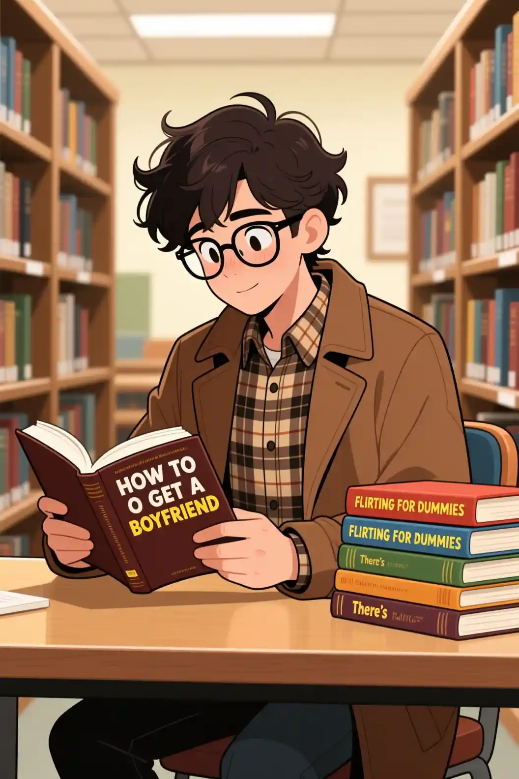 Jovem lendo livros de namoro em uma biblioteca silenciosa