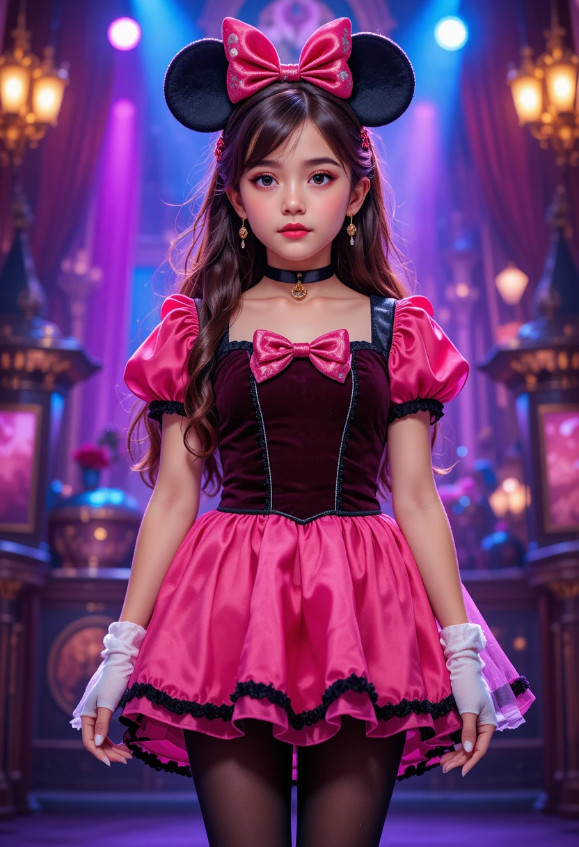 Nervous tween boy in pink Minnie dress on stage