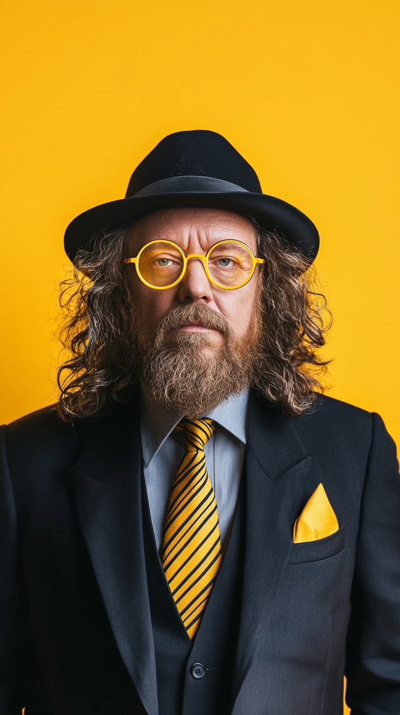 Bearded man in yellow glasses on bold yellow background