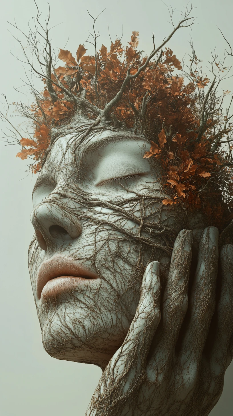 Volto femminile surreale che si fonde con paesaggio di foresta e nuvole