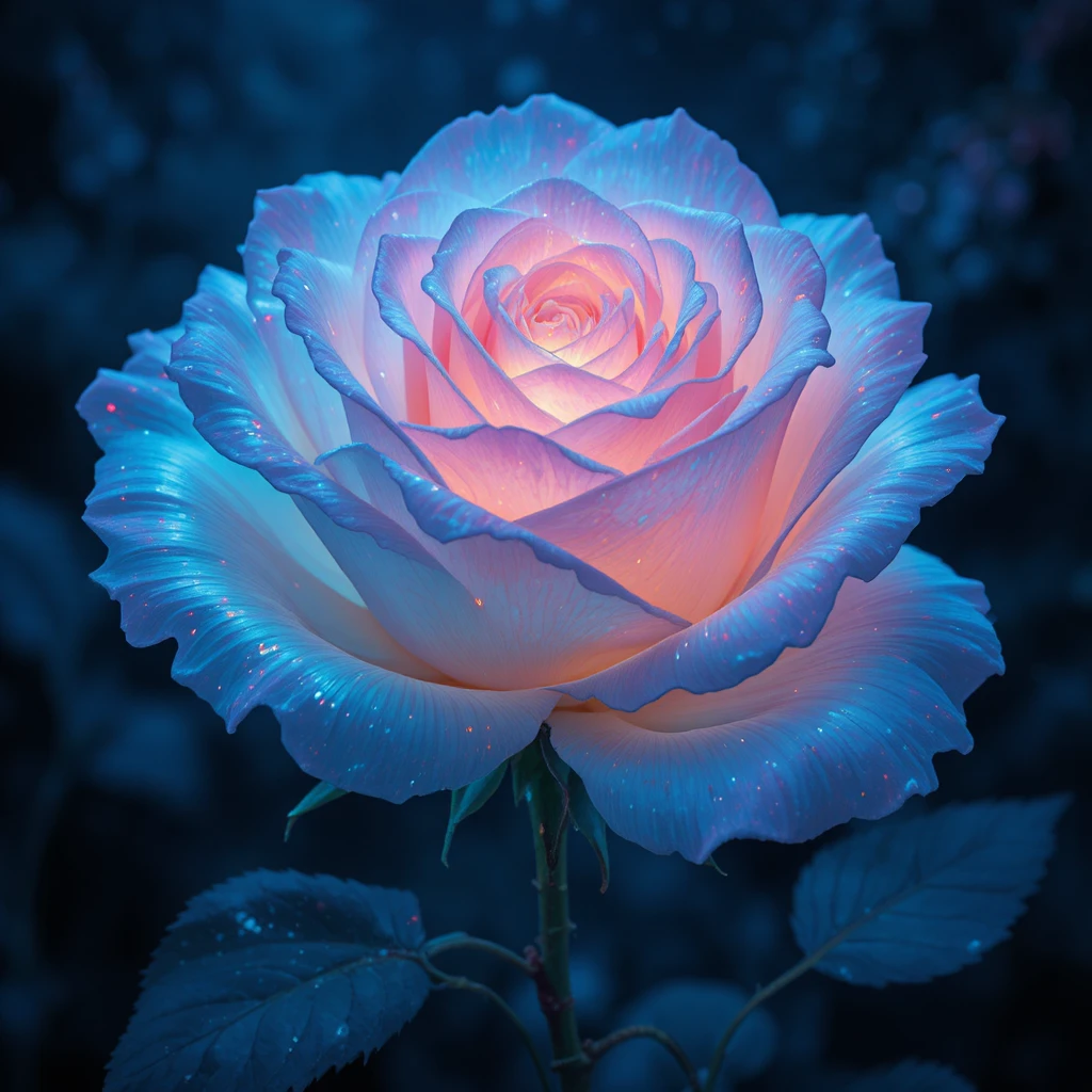 Glowing magical rose in dreamy night illustration