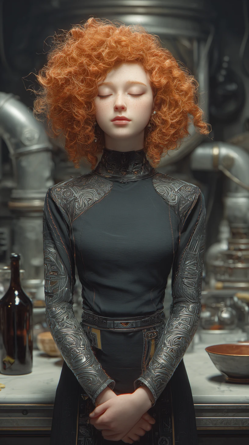 Red haired anime woman in futuristic industrial interior