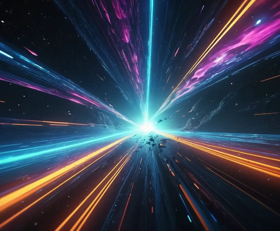 Sci‑Fi‑Warp-Sprung mit vorbeiziehenden Sternen und leuchtenden Wellen