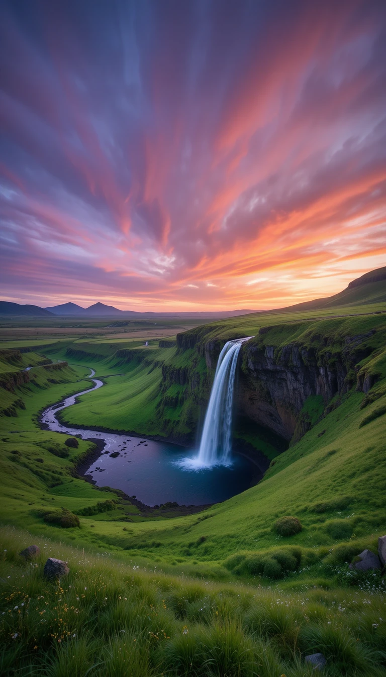 Sunlit Seljalandsfoss waterfall above green Icelandic valley