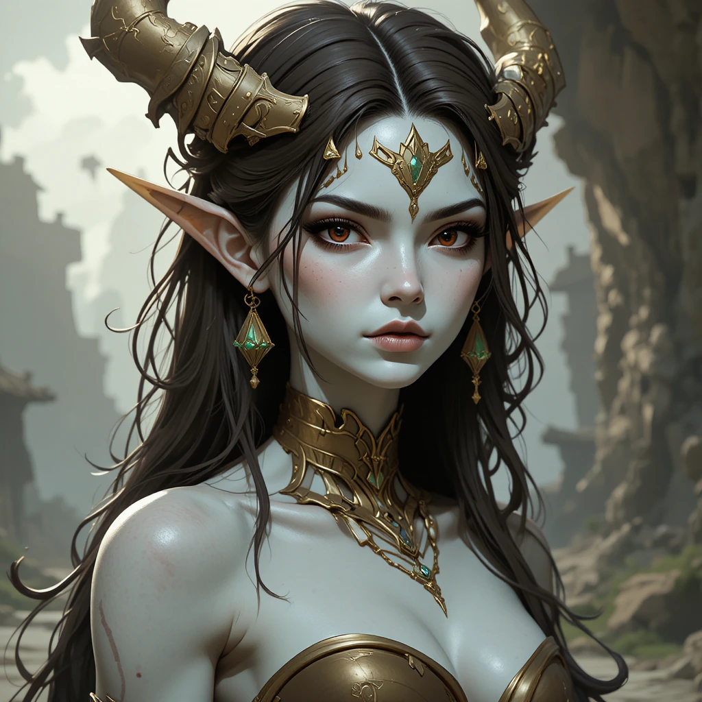 Mulher divina de fantasia com pele marfim pálida e cabelo escuro