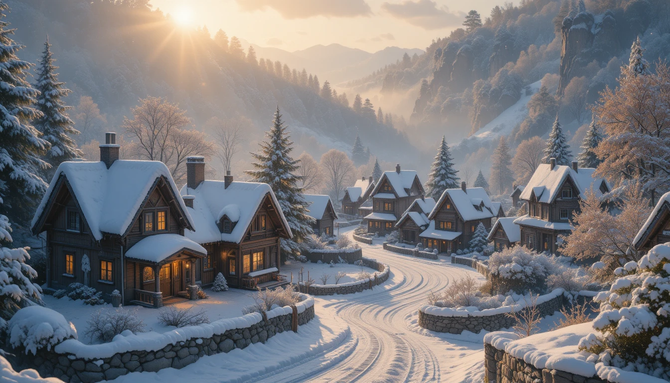 溫馨小屋與柔和冬日陽光下的雪村
