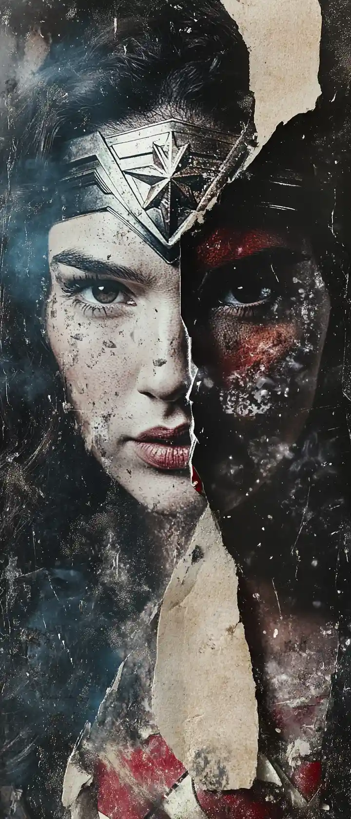 Abstract fragmented portrait of a restrained warrior woman