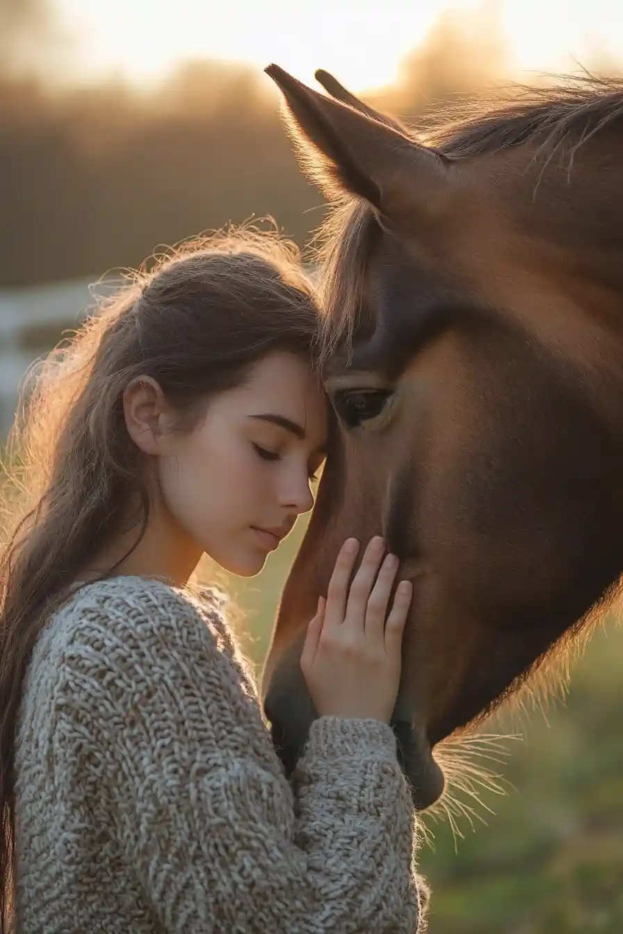 Young woman touching a brown horse at golden hour