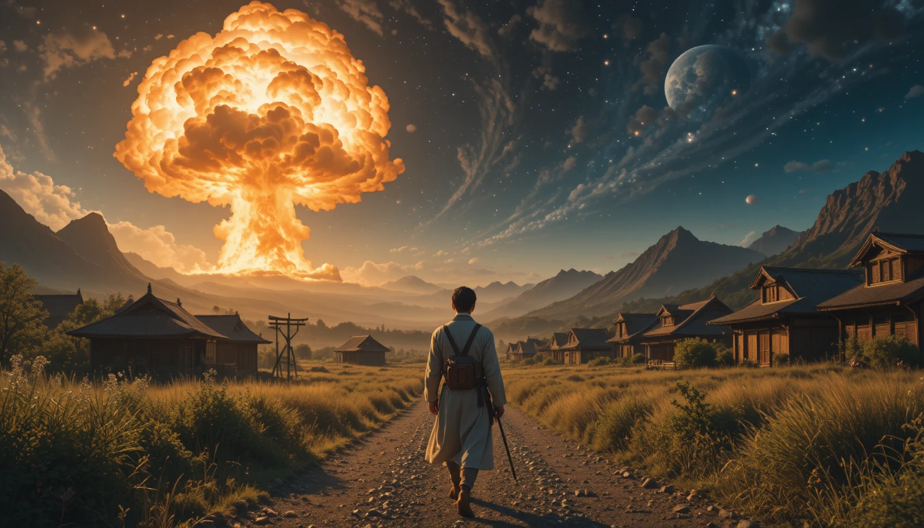 Lone martial arts warrior in a ruined post apocalyptic world