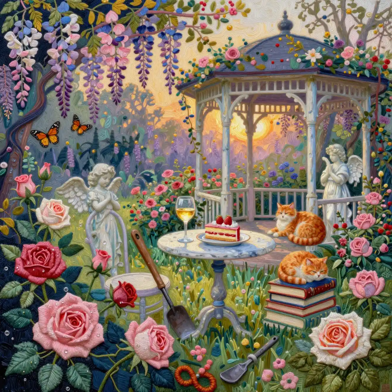 Textile garden scene with sleeping cat and gazebo