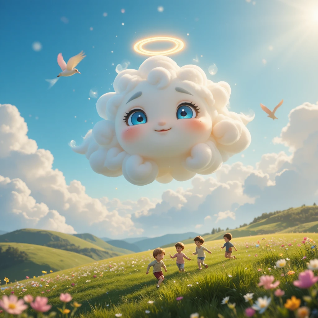 緑の丘の上をやさしく漂う魔法の雲の生き物