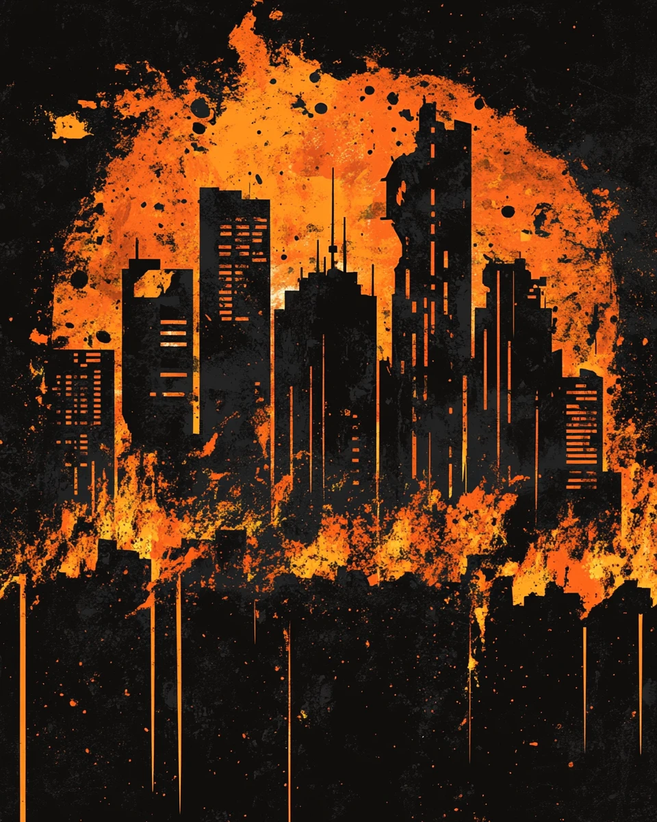 Burning city skyline in dark urban illustrated chaos