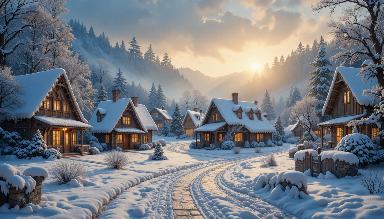 溫暖節慶燈光點亮的雪村小木屋