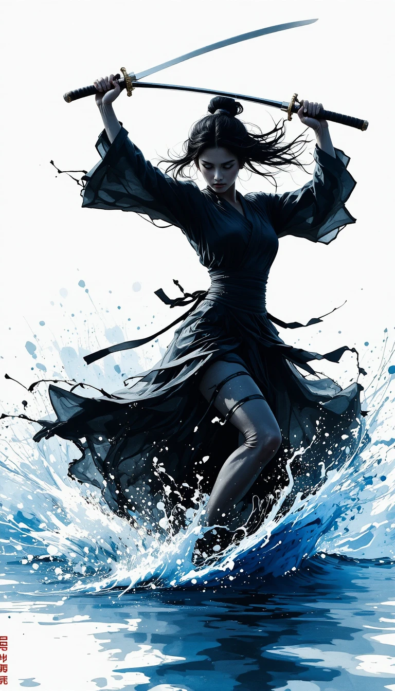 Danse dynamique au katana au-dessus d’une rivière d’encre tumultueuse
