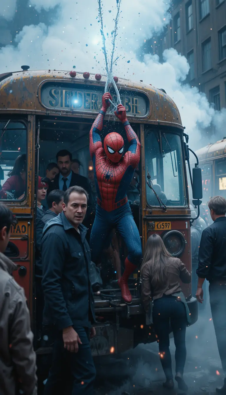 Superhero rescuing civilians from a smoking damaged city bus