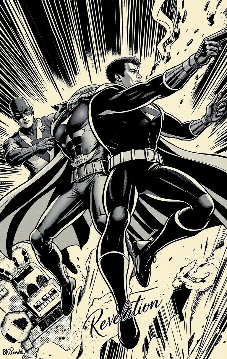 Casal de super-heróis enfrentando um supervilão em estilo meio-tom