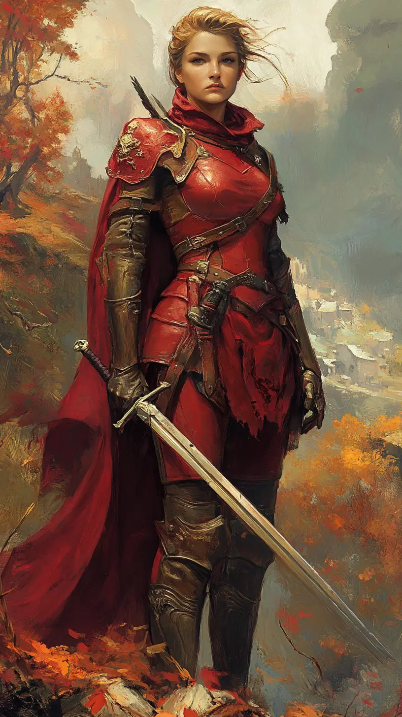 Guerrière en armure rouge dans un paysage médiéval