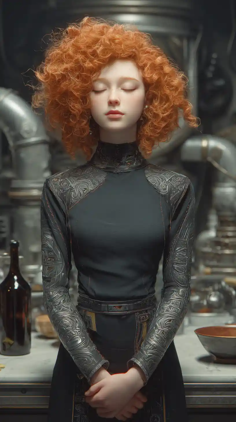 Red haired anime woman in futuristic industrial interior