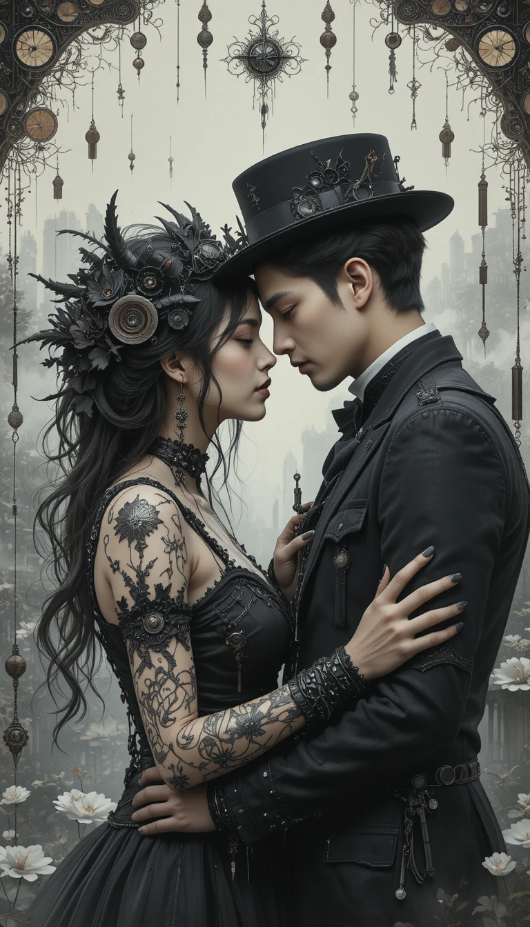 Romantische Goth-Frau und Steampunk-Mann in einer gotischen Stadt