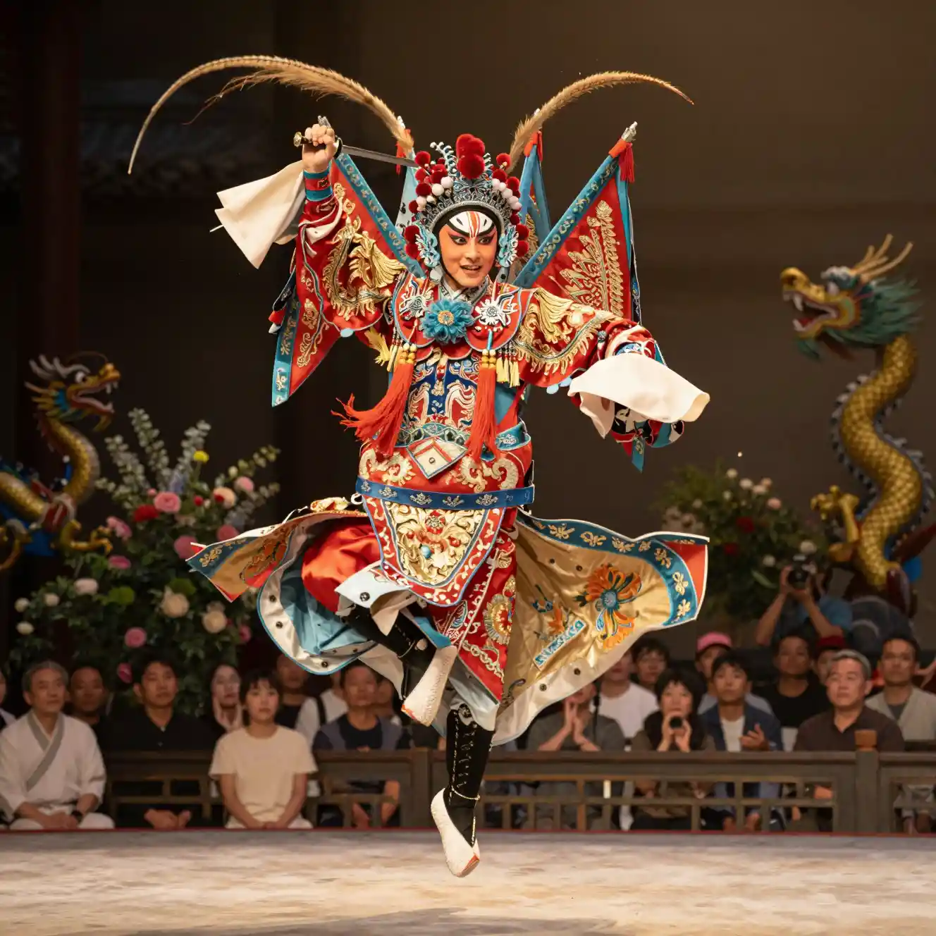 Young man leaping in Chinese opera costume on stage