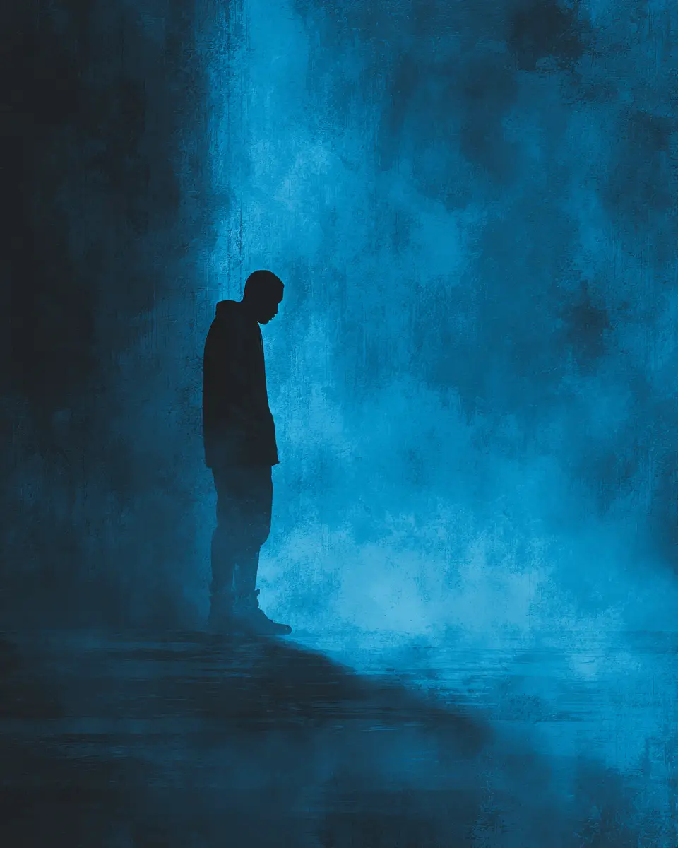 Silhueta humana solitária em sombra fria contra a luz – Ilustração