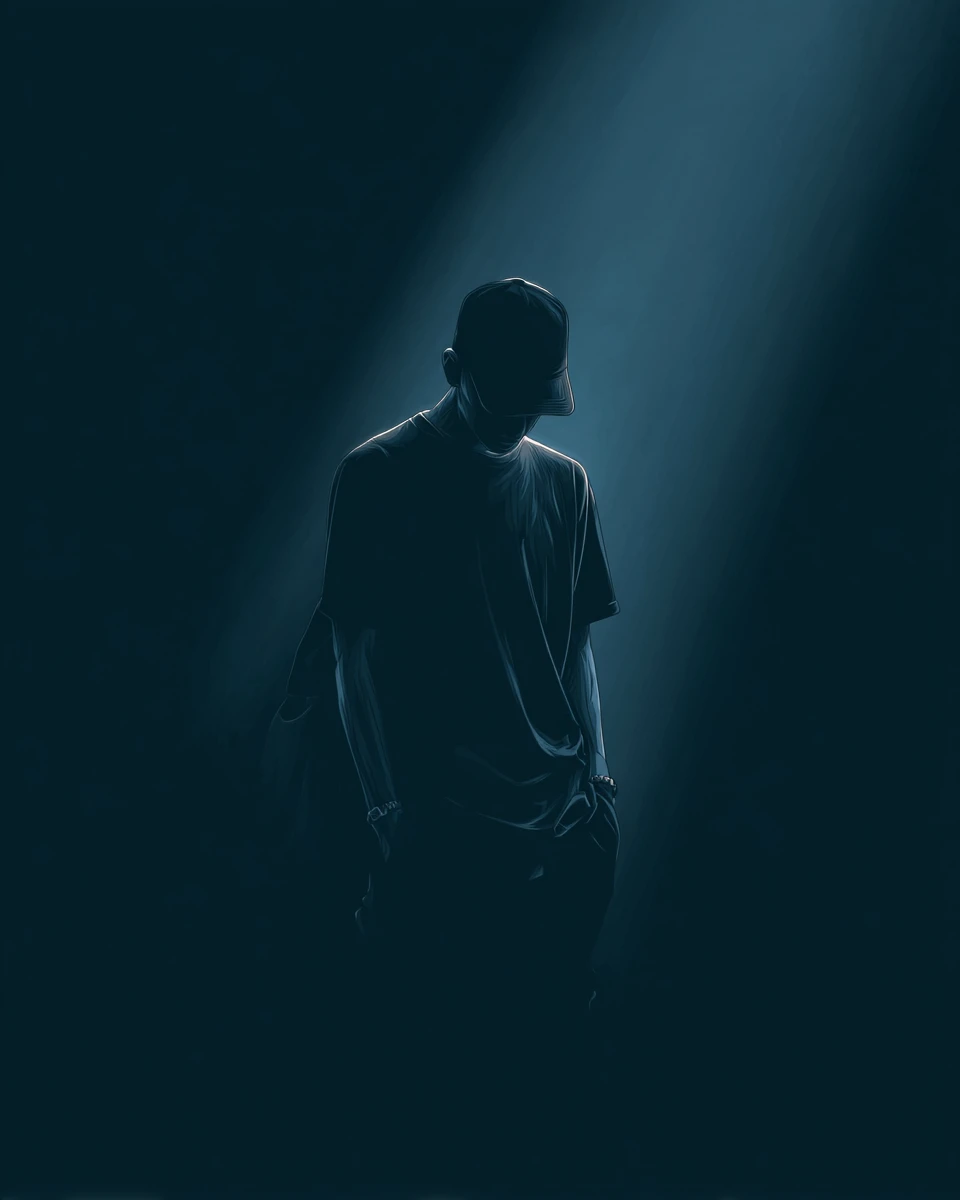 Solitary human silhouette in deep shadow with cold light