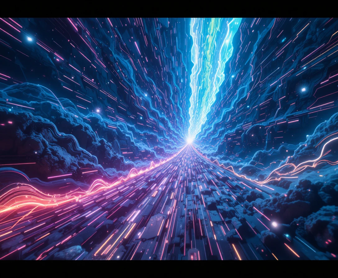 Sci‑Fi-Warpsprung mit vorbeiziehenden Sternen und Energiewellen