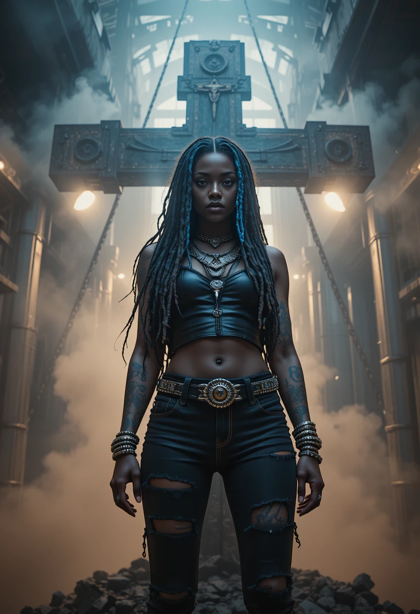 Mulher Negra tatuada com dreadlocks diante de cruz industrial