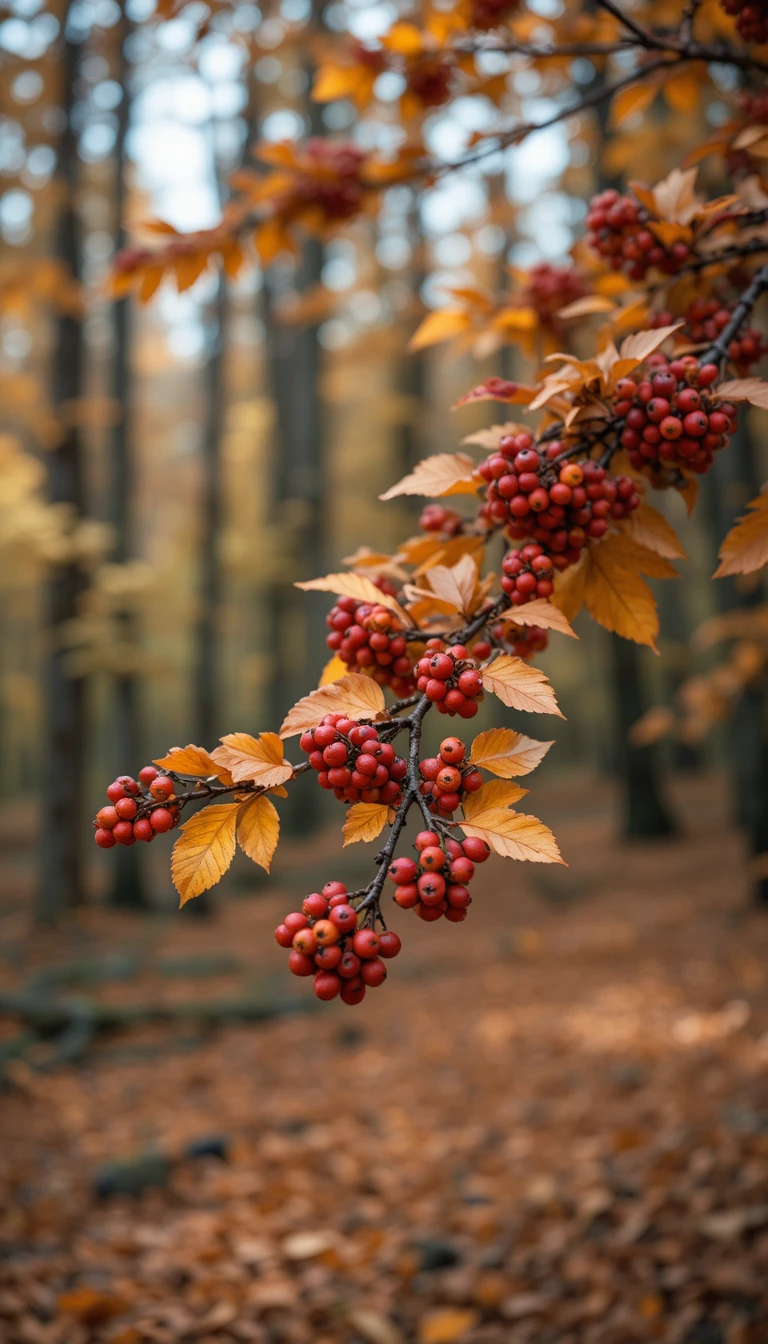 紅色漿果與黃色樹葉的秋日樹枝